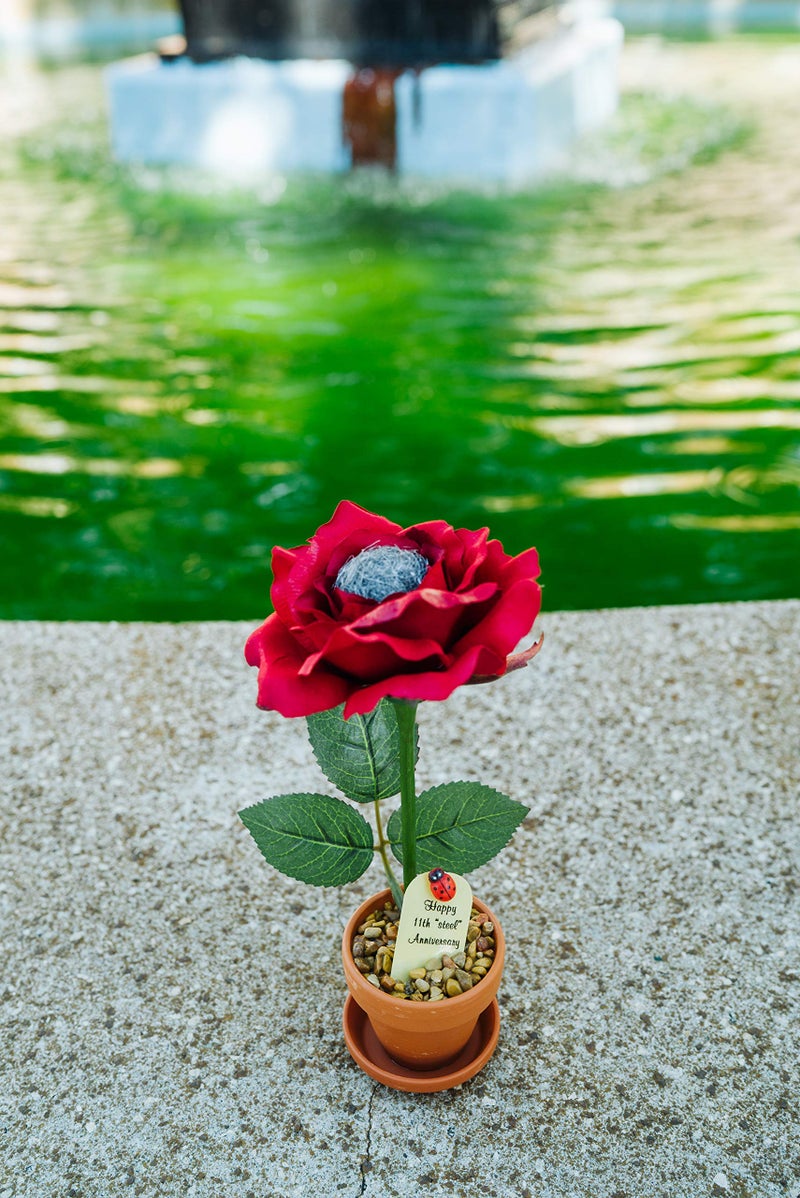 JustPaperRoses - 11th Anniversary Steel Wool Rose - Silver Gray - 7" Desk Decor - Single Pack - Handmade Flower in Terra Cotta Pot, Traditional Gift for Him or Her - Image 4