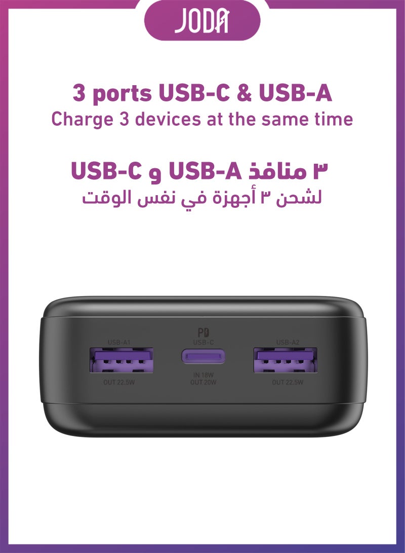 JODA BASIC 20 Power Bank 20000mAh 22.5W PD - 3-Port USB-C & USB-A Portable Charger ⚡🔋Fast Charging Power Bank ⚡20000 mAh Power Bank 🔋USB-C Power Bank 🔌PD Fast Charging Power Bank ⚡3-Port Power Bank 📱22.5W Fast Charger ⚡Power Bank for Smartphones 📱USB-A and USB-C Charger 🔌Portable Power Bank for Travel ✈️Charger for iPhone & Samsung 📱 - Image 3