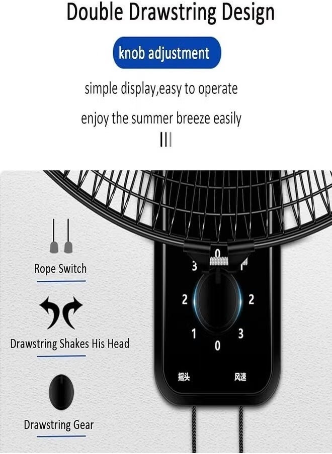 Denx 16 Inch Wall Fan High Performance Fan With 3 Speed ​​Controls, 5 Leaf Blades And 2 Pull Cord Adjustable Tilt Angle And Efficient Cooling - Image 4
