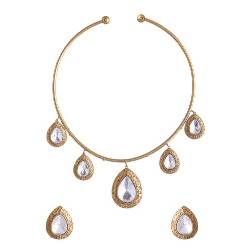 VOYLLA Hasli Elegant White Kundan-Studded Golden Necklace Set |Hasli Necklace Set For Women|Antique Gold|Gift For Her|Wedding Wear Set| - Image 1