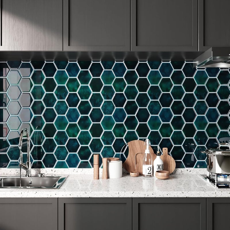 CRE8TIVE 4 Sheets Peel and Stick Tiles Backsplash for Kitchen 12"x12" Emerald Green Hexagon Wall Tile Stickers Self Adhesive Stick on Backsplash for Bathroom 3D Peel and Stick Tiles for Shower Walls - Image 2