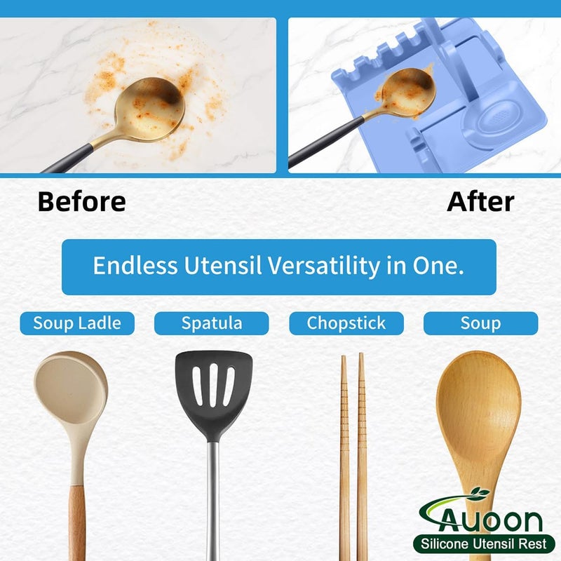 AUOON حامل ملعقة للموقد - حامل ملعقة وغطاء من السيليكون مع وسادة تنقيط، حامل أدوات المطبخ للملعقات، والمغارف، والمقالي، والملاقط والمزيد (مخمل أزرق، كبير) - Image 2