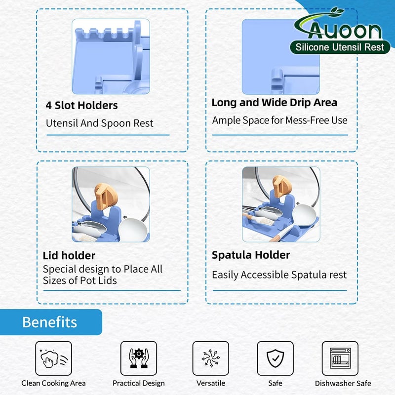 AUOON حامل ملعقة للموقد - حامل ملعقة وغطاء من السيليكون مع وسادة تنقيط، حامل أدوات المطبخ للملعقات، والمغارف، والمقالي، والملاقط والمزيد (مخمل أزرق، كبير) - Image 4