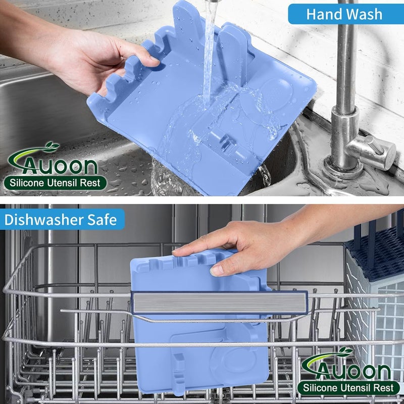 AUOON حامل ملعقة للموقد - حامل ملعقة وغطاء من السيليكون مع وسادة تنقيط، حامل أدوات المطبخ للملعقات، والمغارف، والمقالي، والملاقط والمزيد (مخمل أزرق، كبير) - Image 5