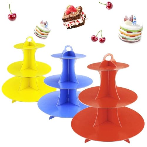 Faxco 3 Pack Cupcake Stand, 3-Tier Colorful Round Cardboard Cup Cake Tower Dessert Holder Stand, Reusable Pastry Serving Platter Food Display, Birthday Wedding Special Event Decoration - Image 1