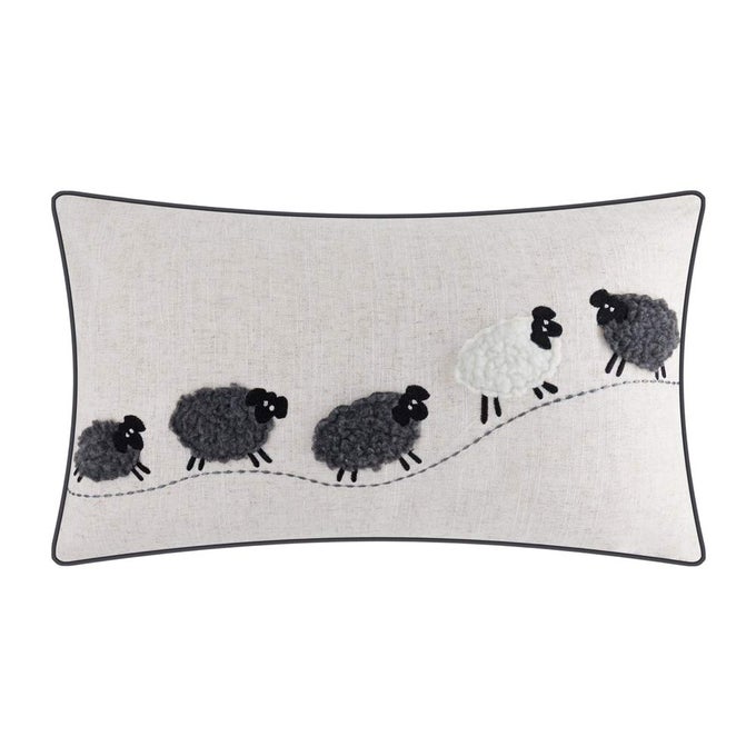 SHEEPS PILLOW COVER DECORATIVE ANIMAL EMBROIDERY ACCENT PILLOW CASE LUMBAR CUSHION COTTON PILLOWCASE FOR SOFA COUCH BED LIVING ROOM 12X20 INCH WHITE AND GRAY