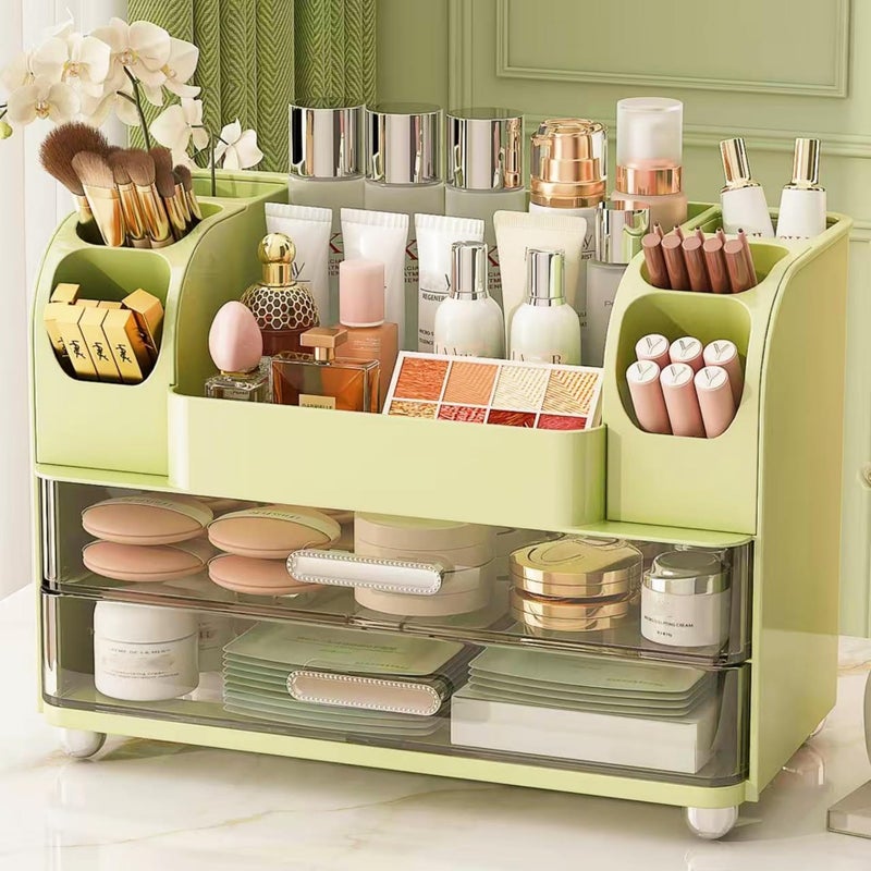 Heaime Makeup Organizer with Drawers for Vanity,Bathroom Countertop Organizer with Brushes Holder,Skincare Storage Organizer,Perfect Cosmetic Display Case for Skincare,Lipstick and Beauty Essential (Green) - Image 1