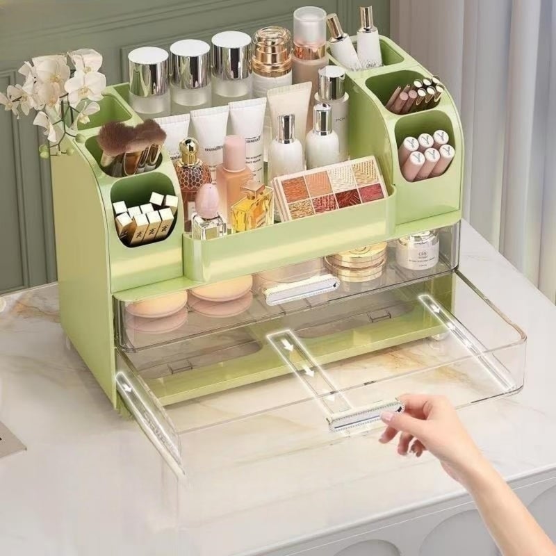 Heaime Makeup Organizer with Drawers for Vanity,Bathroom Countertop Organizer with Brushes Holder,Skincare Storage Organizer,Perfect Cosmetic Display Case for Skincare,Lipstick and Beauty Essential (Green) - Image 3