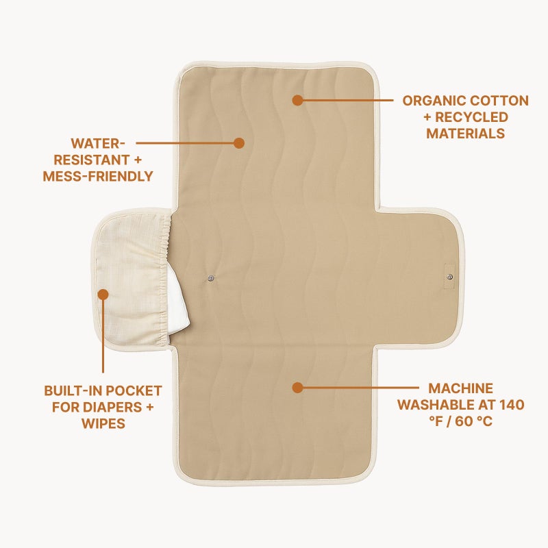 Toddlekind Mini Maven Portable Changing Pad â€“ Organic Cotton & Water-Resistant Polyester â€“ Travel-Friendly, Foldable Change Mat â€“ Tofu Beige Stripes with Wave Stitching â€“ Chic, Durable, Easy to Clean - Image 2
