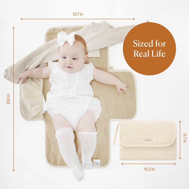 Toddlekind Mini Maven Portable Changing Pad â€“ Organic Cotton & Water-Resistant Polyester â€“ Travel-Friendly, Foldable Change Mat â€“ Tofu Beige Stripes with Wave Stitching â€“ Chic, Durable, Easy to Clean - Image 5