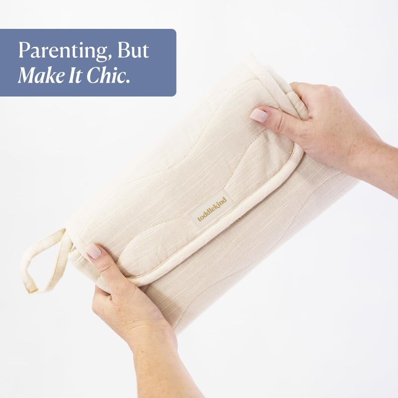 Toddlekind Mini Maven Portable Changing Pad â€“ Organic Cotton & Water-Resistant Polyester â€“ Travel-Friendly, Foldable Change Mat â€“ Tofu Beige Stripes with Wave Stitching â€“ Chic, Durable, Easy to Clean - Image 4