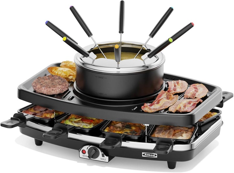 Atbod Electric Fondue Pot Sets, Electric lndoor Raclette Table Grill for 8 People, Adjustable Temperature Control and 8 Paddles, Perfect for Parties and Family Fun - Image 1
