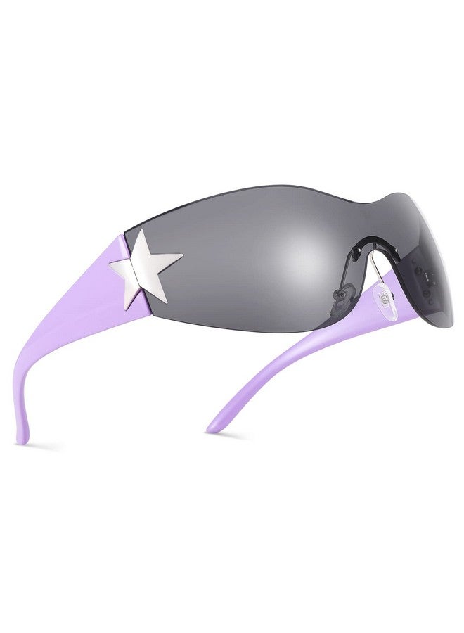 COASION Rimless 2000S Wrap Around Star Sunglasses Women Men Visor Shield Shades Oversized Fashion Frameless Sun Glasses (Black+Black Purple) - Image 3