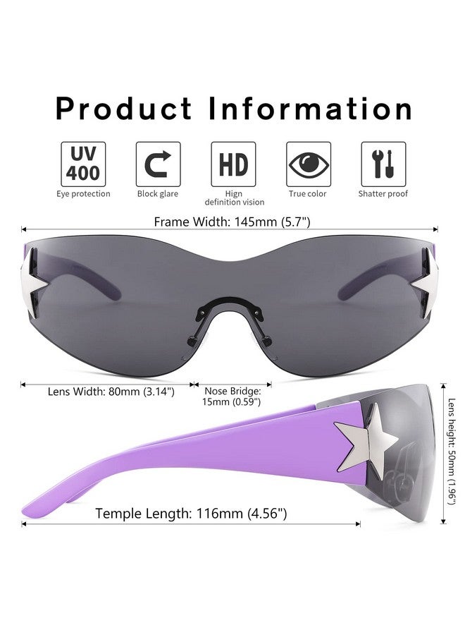 COASION Rimless 2000S Wrap Around Star Sunglasses Women Men Visor Shield Shades Oversized Fashion Frameless Sun Glasses (Black+Black Purple) - Image 5