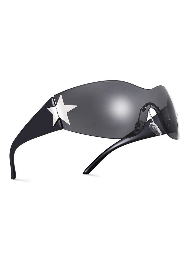 COASION Rimless 2000S Wrap Around Star Sunglasses Women Men Visor Shield Shades Oversized Fashion Frameless Sun Glasses (Black+Black Purple) - Image 2