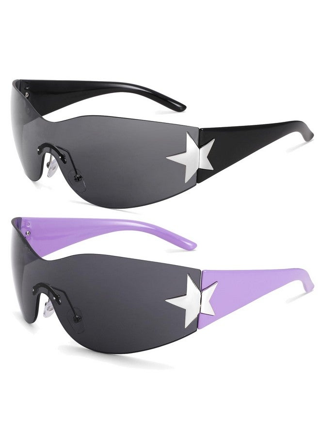 COASION Rimless 2000S Wrap Around Star Sunglasses Women Men Visor Shield Shades Oversized Fashion Frameless Sun Glasses (Black+Black Purple) - Image 1