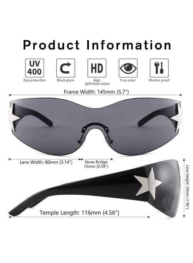 COASION Rimless 2000S Wrap Around Star Sunglasses Women Men Visor Shield Shades Oversized Fashion Frameless Sun Glasses (Black+Black Purple) - Image 4