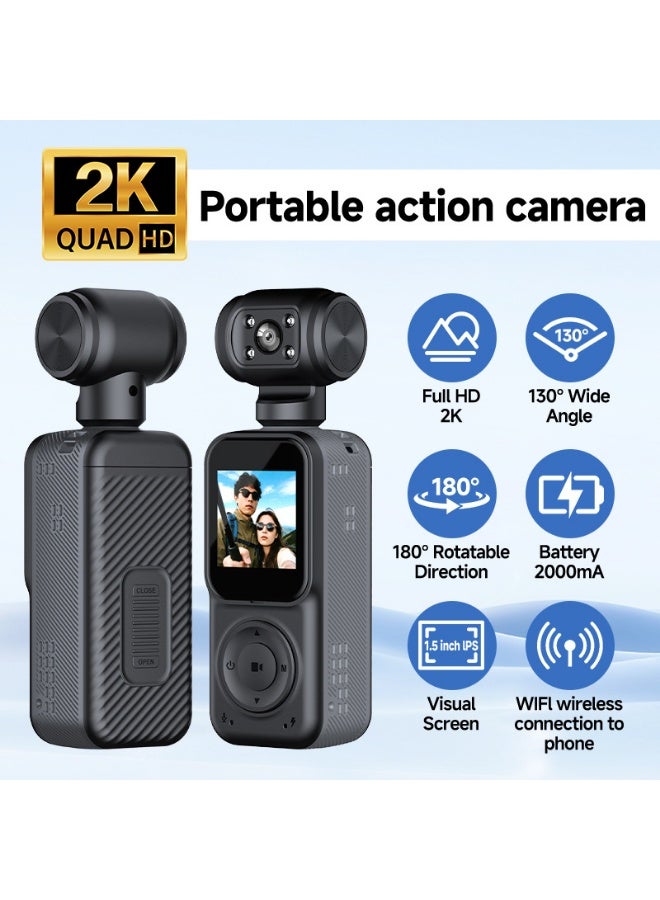 2K HD Portable Handheld WiFi Camera – Mini Clip-on Sports DV Outdoor Video Recorder with 180° Rotating Lens, Loop Recording, Long Battery Life, and App Control for Phone Viewing - Image 2
