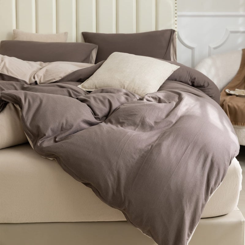 Pure Era Jersey Knit Duvet Cover Set 100% T-Shirt Cotton Super Soft Comfy 3Pc Bedding Set With Zipper Closure (Solid Brown/Dark Beige  Queen) - Image 3