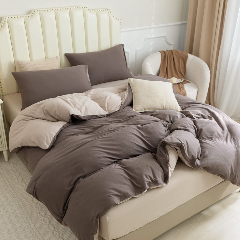 Pure Era Jersey Knit Duvet Cover Set 100% T-Shirt Cotton Super Soft Comfy 3Pc Bedding Set With Zipper Closure (Solid Brown/Dark Beige  Queen) - Image 4