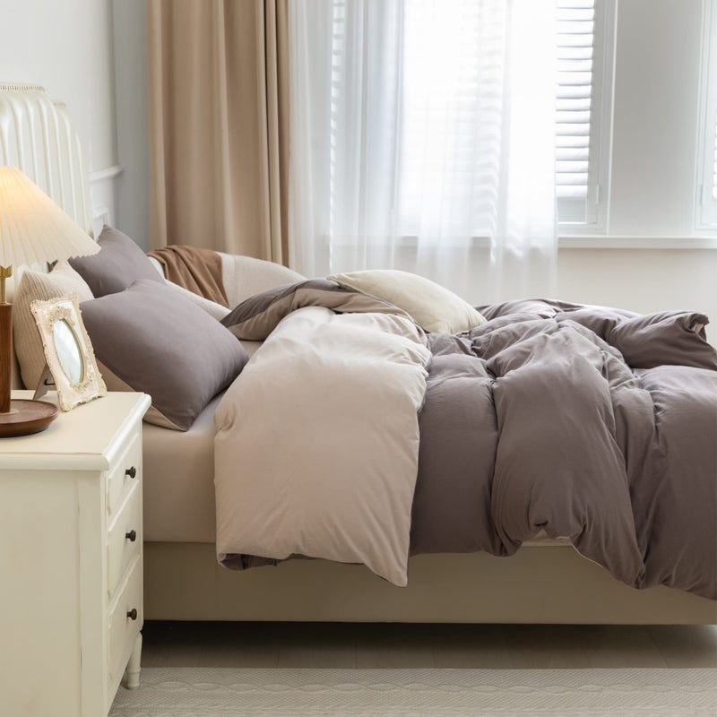 Pure Era Jersey Knit Duvet Cover Set 100% T-Shirt Cotton Super Soft Comfy 3Pc Bedding Set With Zipper Closure (Solid Brown/Dark Beige  Queen) - Image 5