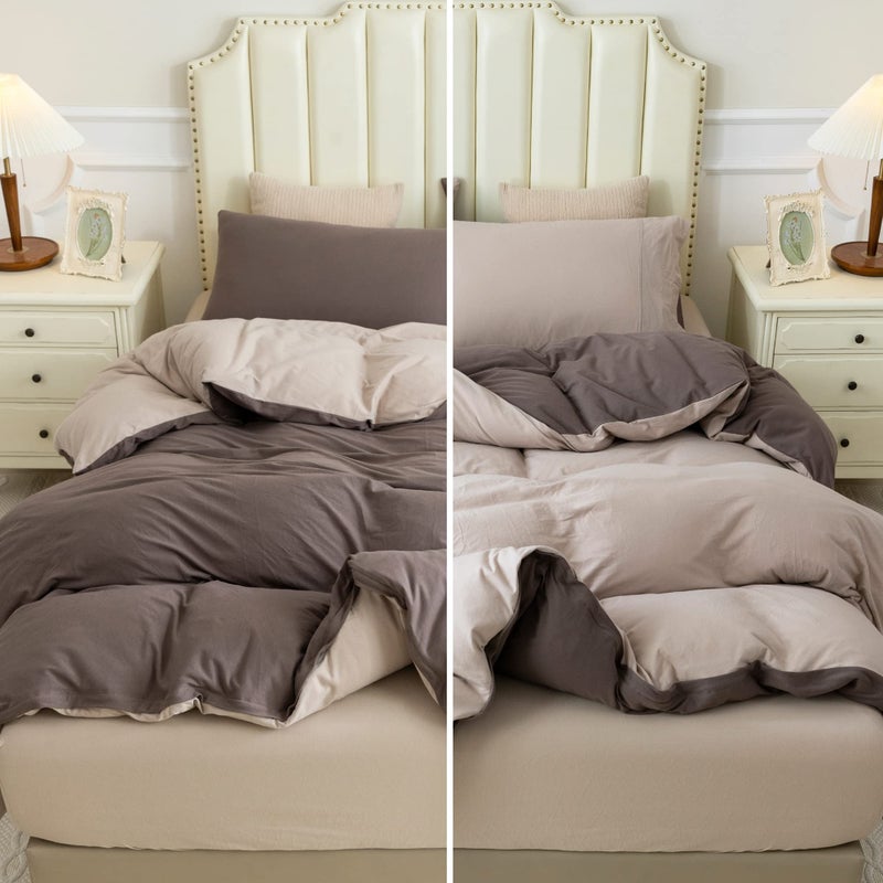 Pure Era Jersey Knit Duvet Cover Set 100% T-Shirt Cotton Super Soft Comfy 3Pc Bedding Set With Zipper Closure (Solid Brown/Dark Beige  Queen) - Image 1