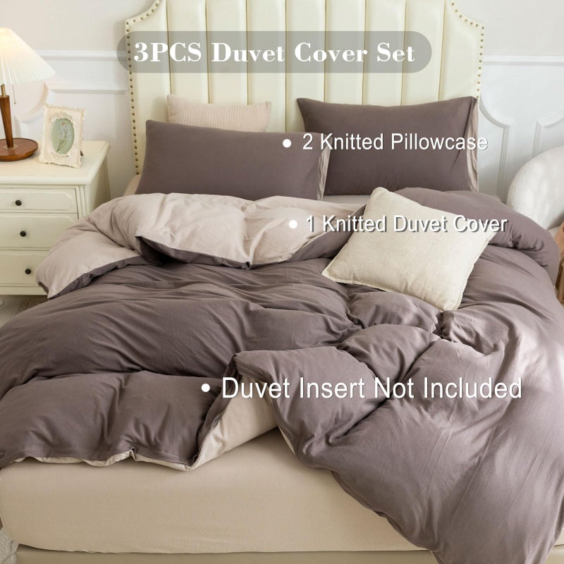 Pure Era Jersey Knit Duvet Cover Set 100% T-Shirt Cotton Super Soft Comfy 3Pc Bedding Set With Zipper Closure (Solid Brown/Dark Beige  Queen) - Image 2