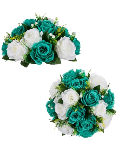BLOSMON Teal Flowers Ball Decorations 2 Pcs Fake Roses Flower Centerpiece for Wedding Table  Artificial Silk Kissing Bouquet Floral Arrangement for Home Party Event Decor