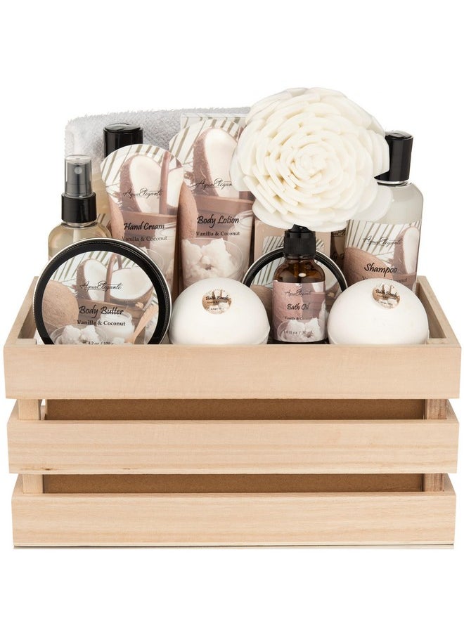Aqua Elegante Bath Spa Gift Setsluxury Basket With Coconut & Vanillaspa Kit Includes Wash Bubble Bath Lotion Bath Salts Body Scrub Body Spray Shower Puff Bathbombs Soap And Towel  - Image 1