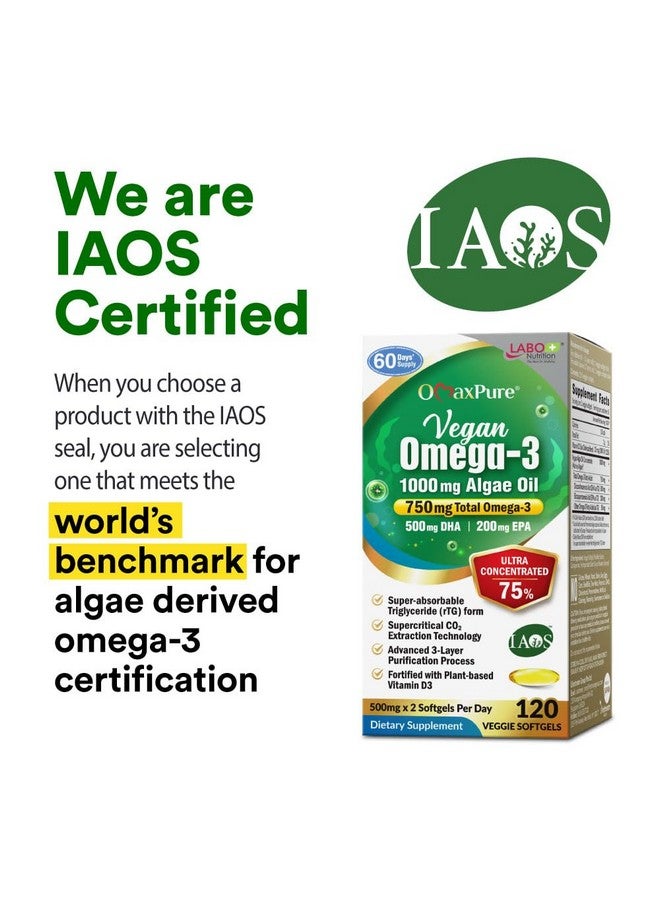 LABO Nutrition Vegan Omega 3 Algae Oil - Plant Based Fish Oil Alternative 750mg Omega-3 500mg DHA & 200mg EPA - Non-GMO & IAOS Certified - Heart, Brain, Eye, Immune, Joint Support 120 Softgels - Image 3