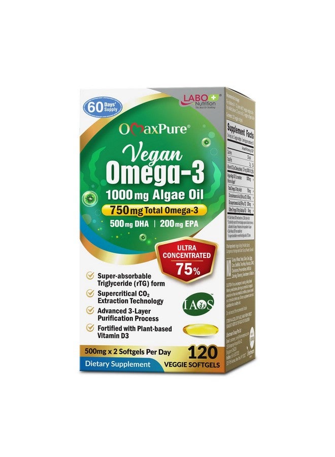 LABO Nutrition Vegan Omega 3 Algae Oil - Plant Based Fish Oil Alternative 750mg Omega-3 500mg DHA & 200mg EPA - Non-GMO & IAOS Certified - Heart, Brain, Eye, Immune, Joint Support 120 Softgels - Image 1