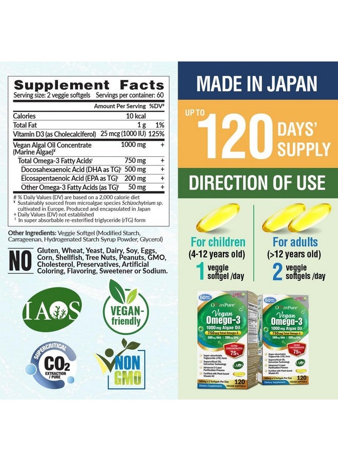 LABO Nutrition Vegan Omega 3 Algae Oil - Plant Based Fish Oil Alternative 750mg Omega-3 500mg DHA & 200mg EPA - Non-GMO & IAOS Certified - Heart, Brain, Eye, Immune, Joint Support 120 Softgels - Image 2