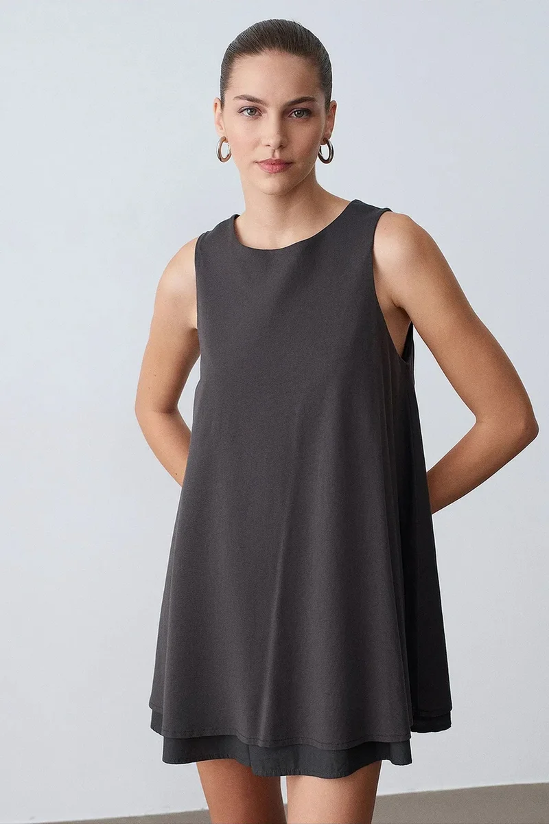 Dilvin Charcoal Grey DILVIN Cotton Poplin Sleeveless Mini Shift Dress for Women | Best Price UAE