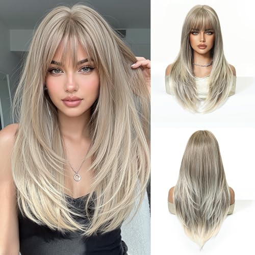 Esmee Long Straight Ash Blonde Wigs for Women with Fringe Natural Synthetic Hair Wig for Daily Party Use - Image 1