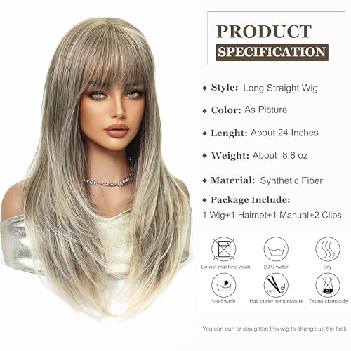 Esmee Long Straight Ash Blonde Wigs for Women with Fringe Natural Synthetic Hair Wig for Daily Party Use - Image 3