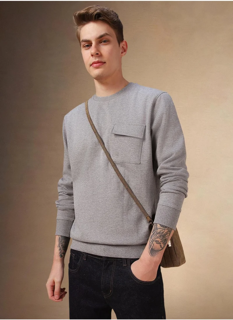 دينيس لينغو Men's Grey Melange Polyester Blend Solid Regular Fit Sweatshirt