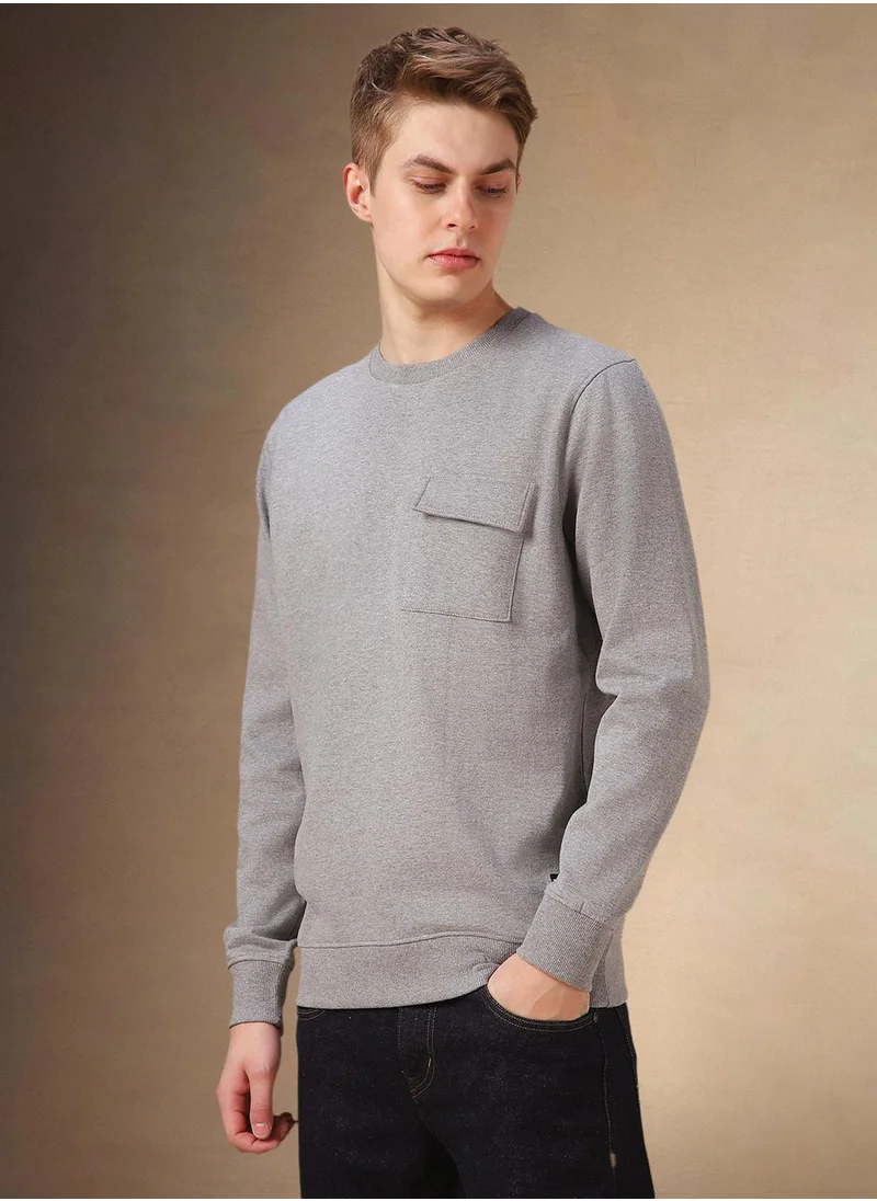 دينيس لينغو Men's Grey Melange Polyester Blend Solid Regular Fit Sweatshirt