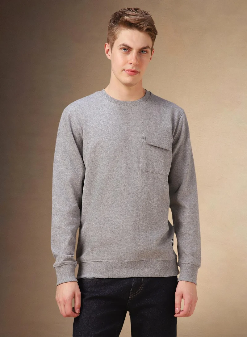 دينيس لينغو Men's Grey Melange Polyester Blend Solid Regular Fit Sweatshirt