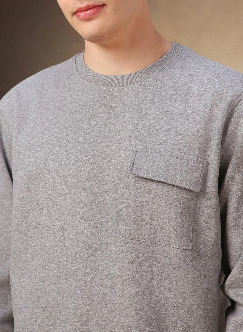 دينيس لينغو Men's Grey Melange Polyester Blend Solid Regular Fit Sweatshirt