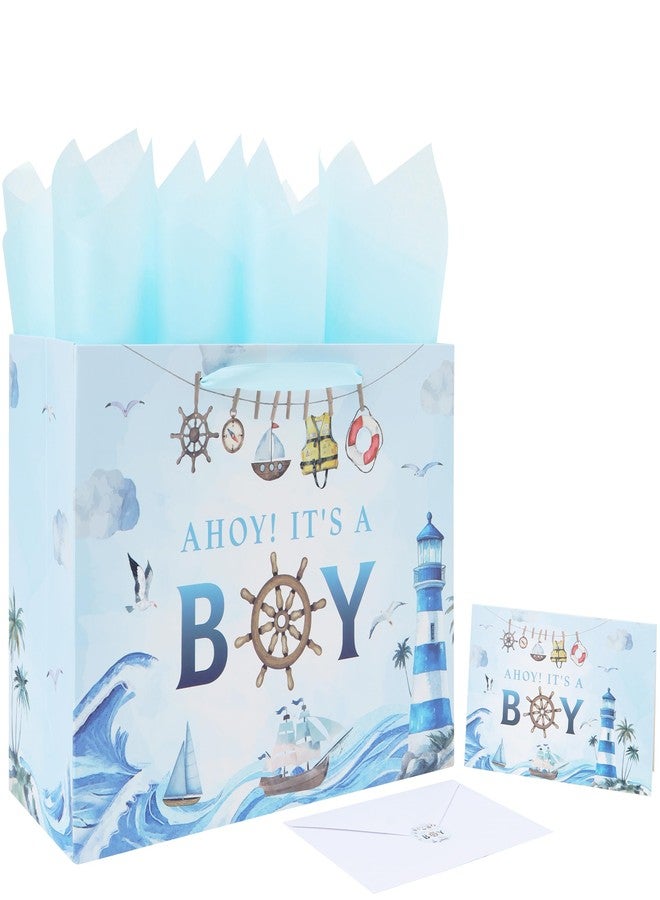 Qirrmiy 13'' Large Boy Birthday Gift Bag Set with Handles, Greeting Card, Tissue Papers and Stickers for Boys', Kids' Party, Baby Shower, Newborn, Boy Design, 1 Pcs - Image 1