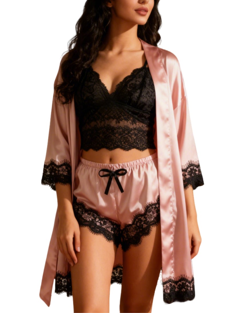 MRMISS Women's Nightwear Set Silk Satin Sleepwear Pajamas Set - Home Bath Wearing Clothes Suits - Floral Embroidered Breathable Ladies Bath Lingerie Robe Nightdress Underwear Panties-4 Pcs - Image 1