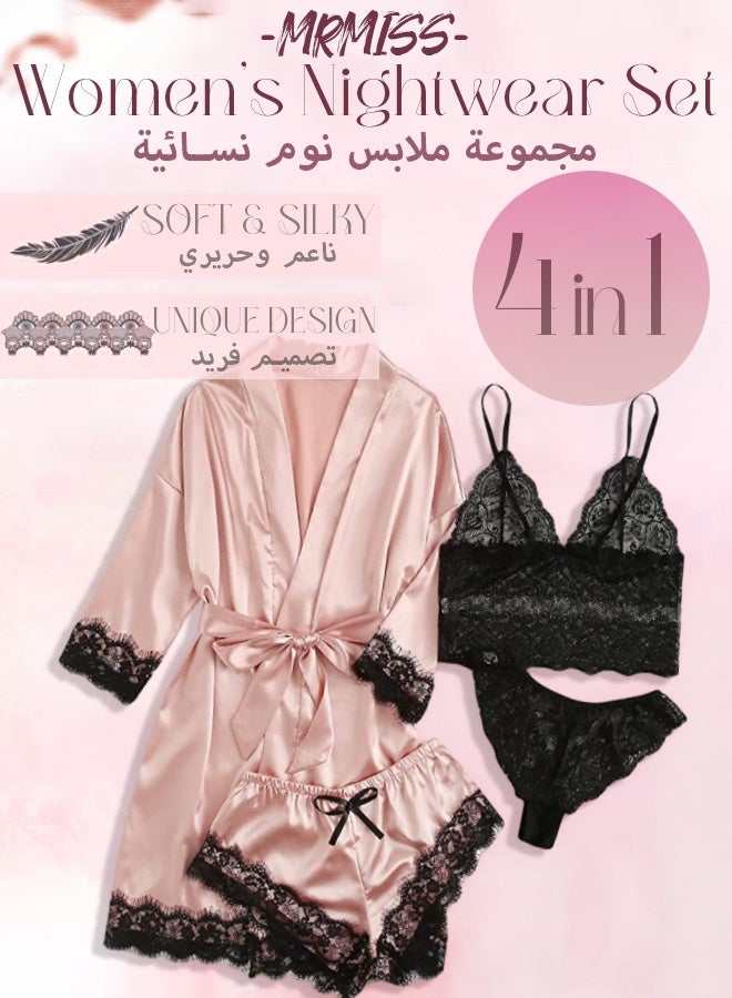 MRMISS Women's Nightwear Set Silk Satin Sleepwear Pajamas Set - Home Bath Wearing Clothes Suits - Floral Embroidered Breathable Ladies Bath Lingerie Robe Nightdress Underwear Panties-4 Pcs - Image 3