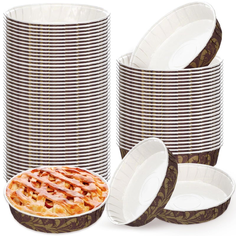 Ferrochef 50 Pcs Paper Cake Baking Mold Pans 6 x 1.4 Inch Retro Round Disposable Pie Pans Heat Resistant Shallow Paper Cake Bakeware Cups for Muffins Pies Quiche, Microwave Oven and Freezer Safe - Image 1