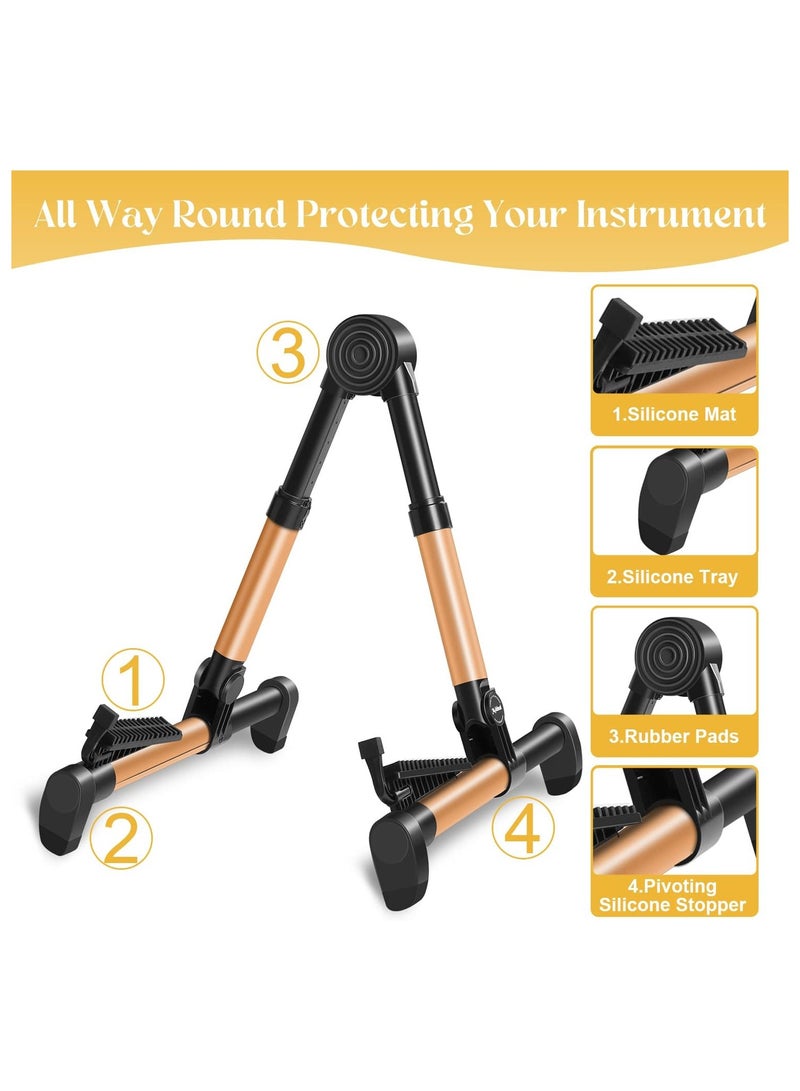 Generic Adjustable Folding Guitar Stand Compatible with Electric Acoustic Ukulele and Bass Instruments Gold Finish  - Image 2