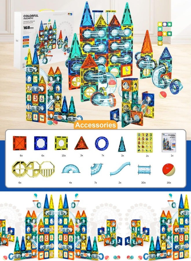 [168 Pcs] Magnetic Tiles Set for Kids, STEM Toys for 3+ Year Old Boys and Girls - Premium 3D Magnetic Pipeline Building Blocks Set for Toddlers - Kids Toys Creativity Construction Playboards  - Image 2