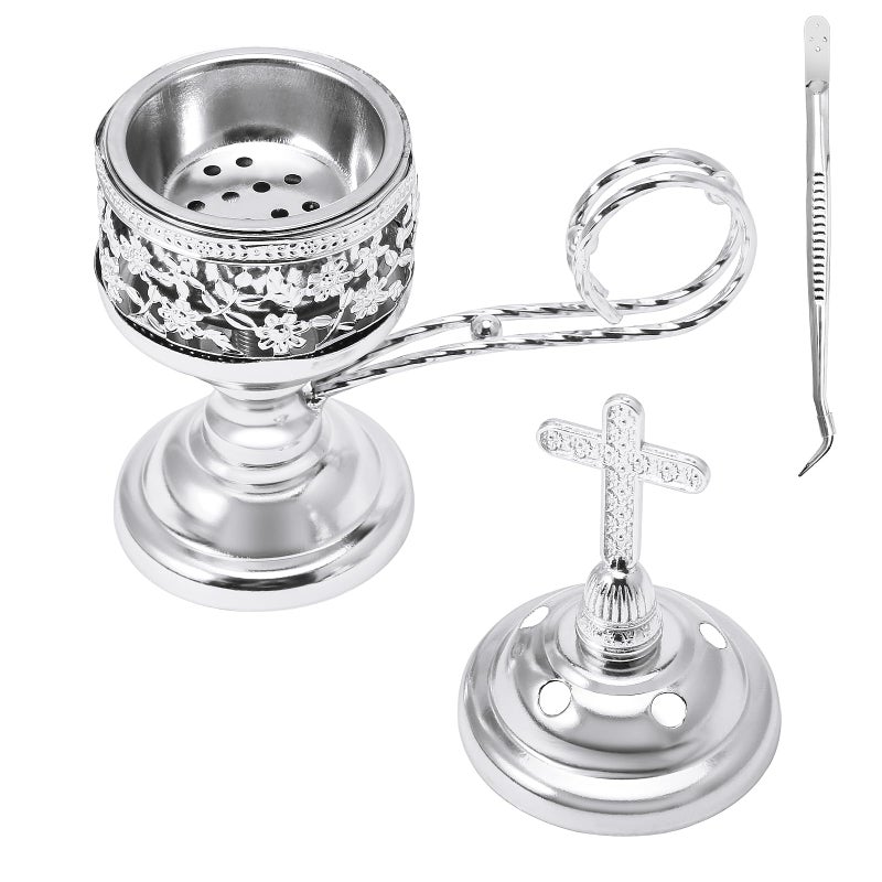 Yawlsow Incense Burner, Frankincense Charcoal Incense Stand, Bakhoor Incense Burner Holder, Ideal for Aromatherapy, Yoga and Spa, Home and Christian Church Censer, (Silver) - Image 1
