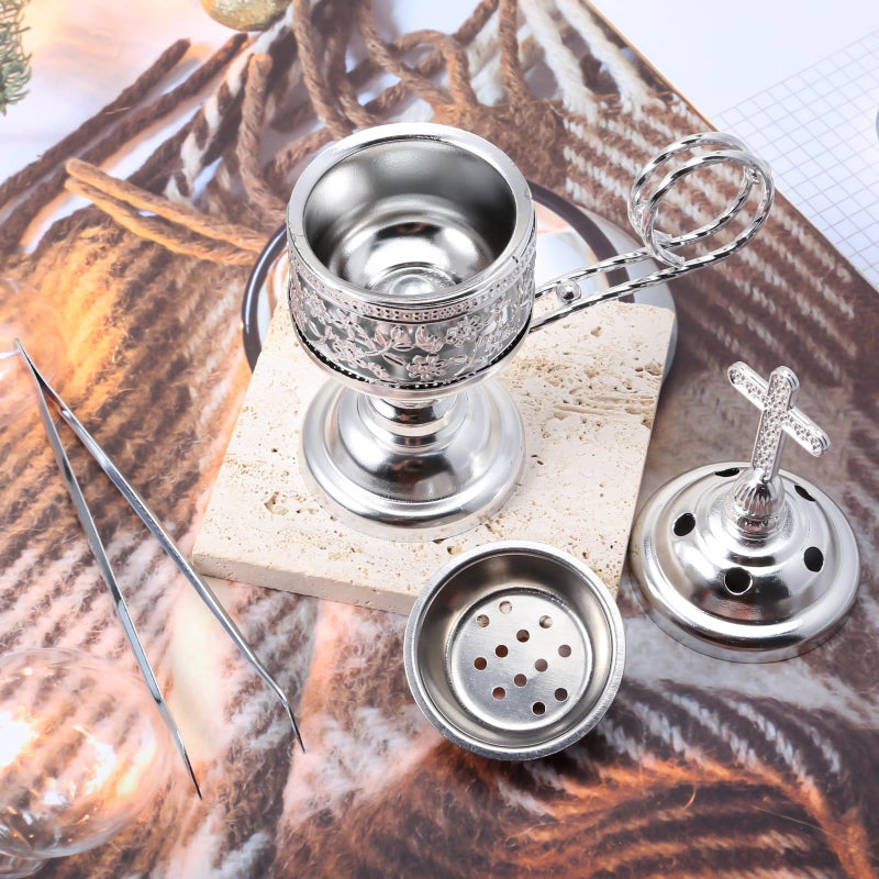 Yawlsow Incense Burner, Frankincense Charcoal Incense Stand, Bakhoor Incense Burner Holder, Ideal for Aromatherapy, Yoga and Spa, Home and Christian Church Censer, (Silver) - Image 5