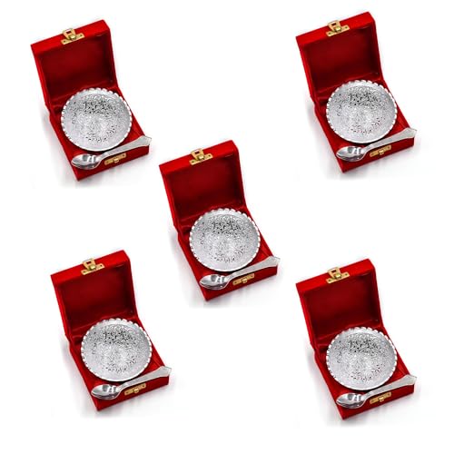 IGH Set of 5 Pcs German Silver Bowl Set with Spoon and Red Velvet Box Diwali Return Gifts Housewarming Gifts, Festival Gift - Image 1