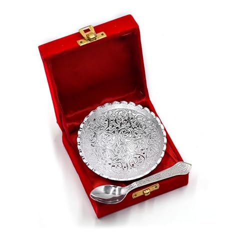 IGH Set of 5 Pcs German Silver Bowl Set with Spoon and Red Velvet Box Diwali Return Gifts Housewarming Gifts, Festival Gift - Image 2