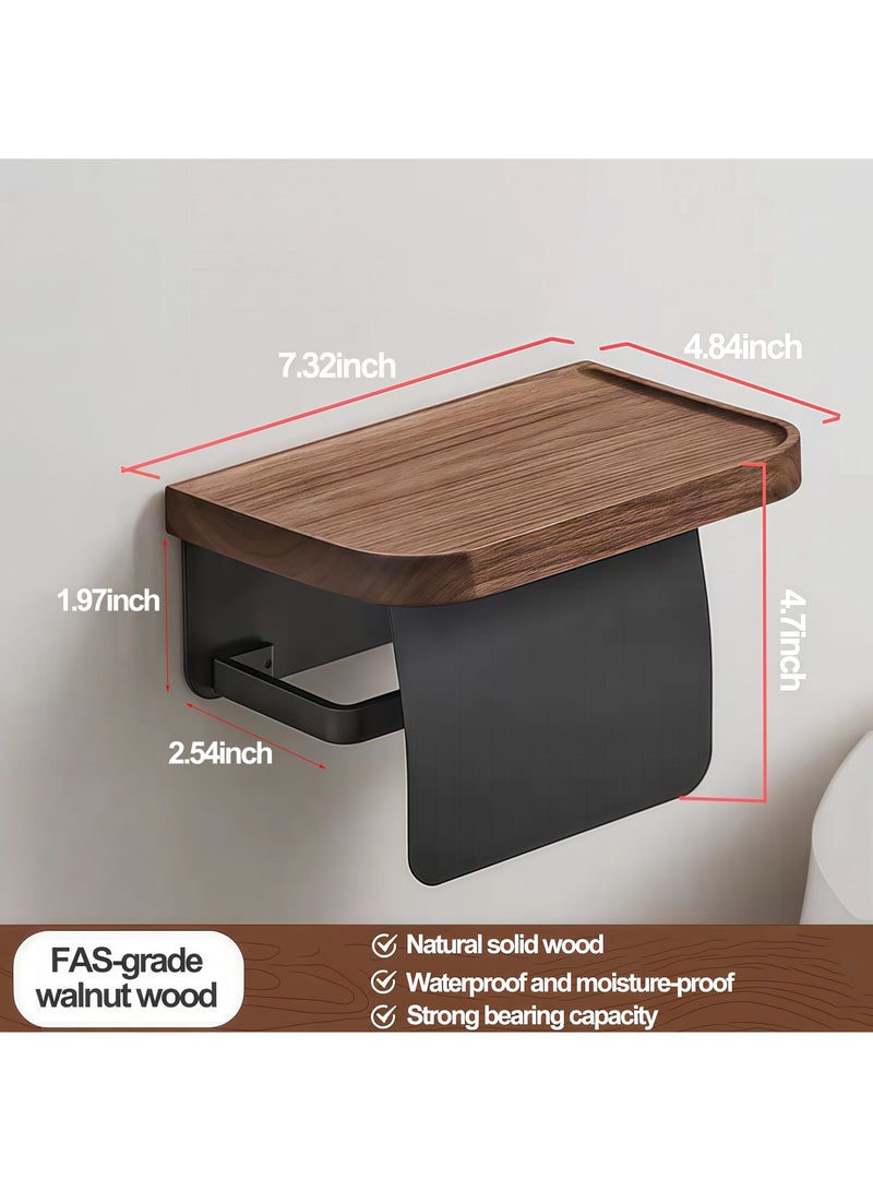 SYOSI Toilet Paper Holder with Shelf – Walnut Wood Wall Mount Toilet Tissue Roll Holder, Black Stainless Steel Bathroom Storage Accessories, Rustic Farmhouse Decor - Image 3